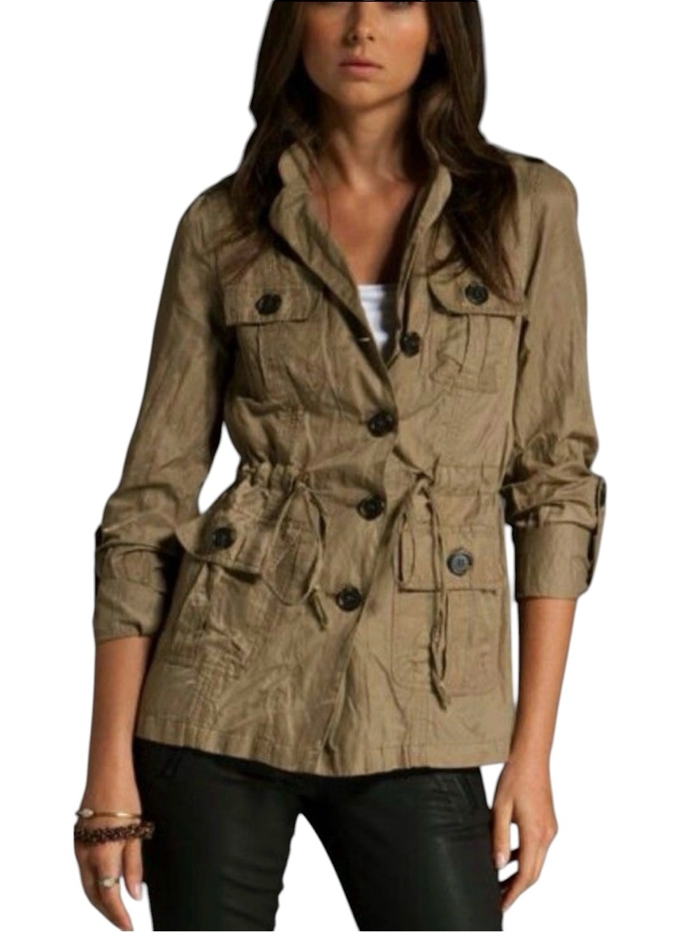 BOSTON PROPER Women’s Sz L Khaki Utility Drawstring Waist Safari Jacket